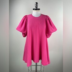 💚 3538. Pink Textured BabyDoll Puff Sleeve Mini Dress